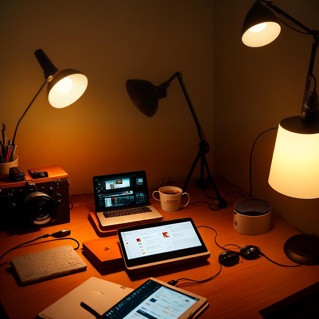  generatea photo of productivity as a content creator, illuminated by the soft glow of a desk lamp, works diligently at their home office setup. Elements like a camera on a tripod or a microphone positioned on the desk could signify their role as a content creator, while creating content.