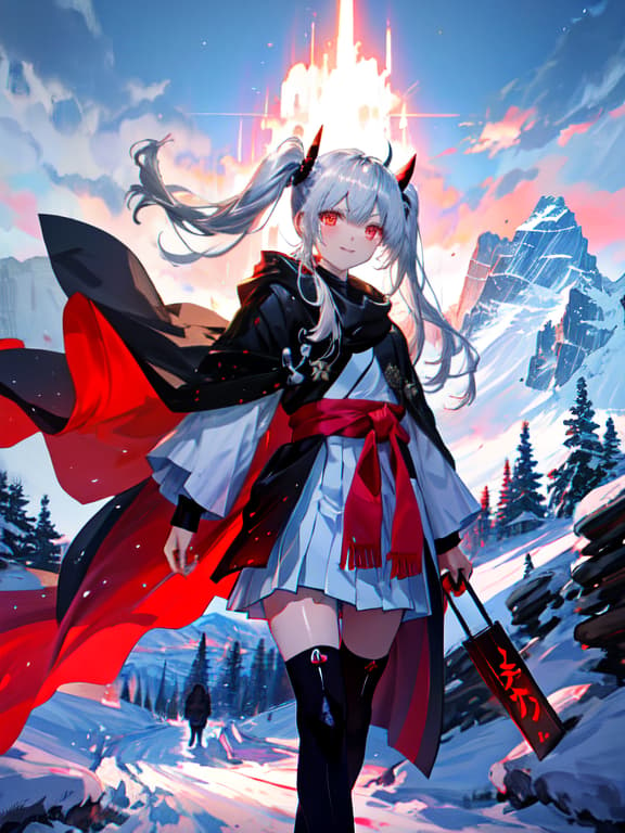  master piece, best quality, ultra detailed, highres, 4k.8k, beautiful oni woman, smiling, perfect face, beautiful, break oni themed ilration, mountaintop, white wizard cloak, thigh highs, silver hair, break serene, silver pupils, stature, , twin tails,