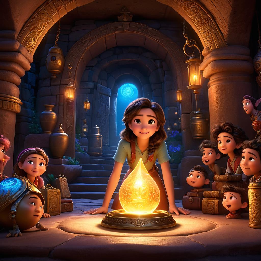  in 3d animated movie style. disney pixar style. {"subject description":"irahim, , caring, curious, ve , luna, ageless, mischievous, kind, magical character, along with loyal, adventurous friends in front of ancient treasure in hidden chamber","environment description":"dimly lit chamber with ancient inscriptions, mysterious aura, ancient treasure glowing","art style":"high resolution pixar 3d animated film style capturing lifelike textures, enchanted atmosphere","color and light":"dim, mysterious lighting with treasure glows, warm hues","camera angle and composition":"dynamic low angle perspective showcasing grandeur of treasure , determined expressions of characters","aspect ratio":"16:9"}