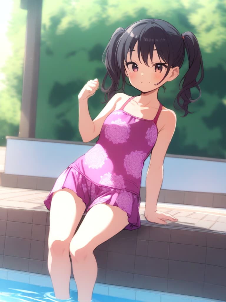  junior high s, twin tails, cute smiles, swimwear, swimwear, old swimwear, s with , (shaped clear , bulging, phimosis), futari, whole body, poolside,