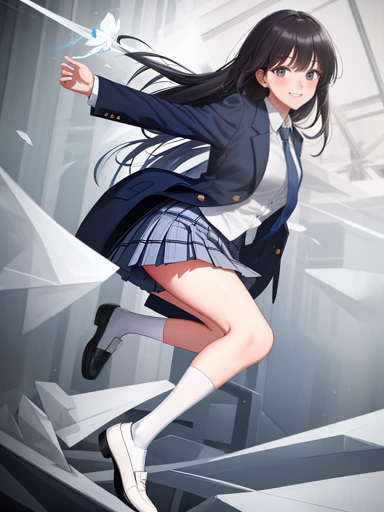  best masterpieces, white shirts, ties, uniforms, dark blue blazer, plaid pleated , white socks, smiles, beautiful legs, black hair, jumping, masterpiece, best quality,8k,ultra detailed,high resolution,an extremely delicate and beautiful,hyper detail