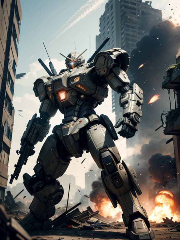  master piece, best quality, ultra detailed, highres, 4k.8k, a soldier, operating a futuristic war machine,, focused and determined, break a fierce battle, a war torn city, rubble, damaged buildings, futuristic weapons,, break chaotic and intense, explosions, smoke, and flying debris, mecha musume