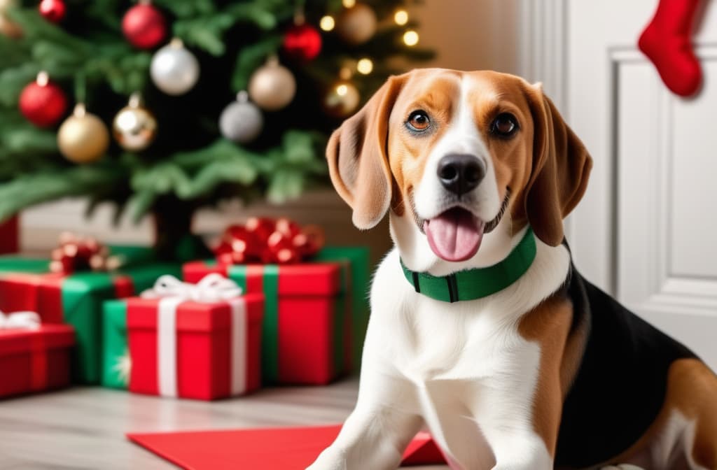  A beagle dog sits in front of a Christmas tree and holds a beautifully wrapped gift in its teeth. ar 3:2 high quality, detailed intricate insanely detailed, flattering light, RAW photo, photography, photorealistic, ultra detailed, depth of field, 8k resolution , detailed background, f1.4, sharpened focus