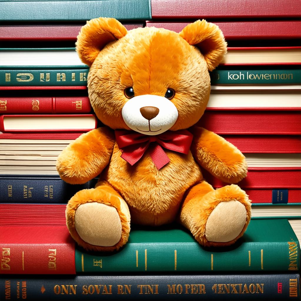  a teddy bear sits in the center of books {prompt}, maximum details