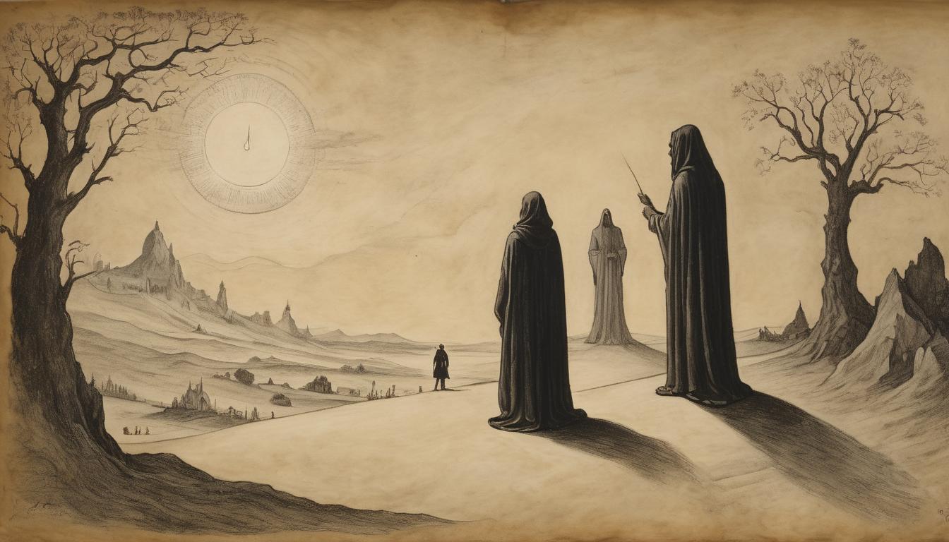  on parchment, surrealism++, shadowy figures in the distance, watching a bright ascending figure, expressions of awe and confusion, stark contrast between darkness and light, observers, distant, transformative(mysterious, provocative, symbolic)++