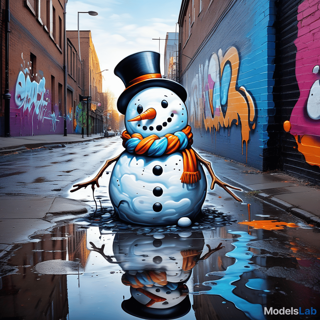  graffiti style snowman melts from warm air, a large puddle has flowed under it . street art, vibrant, urban, detailed, tag, mural