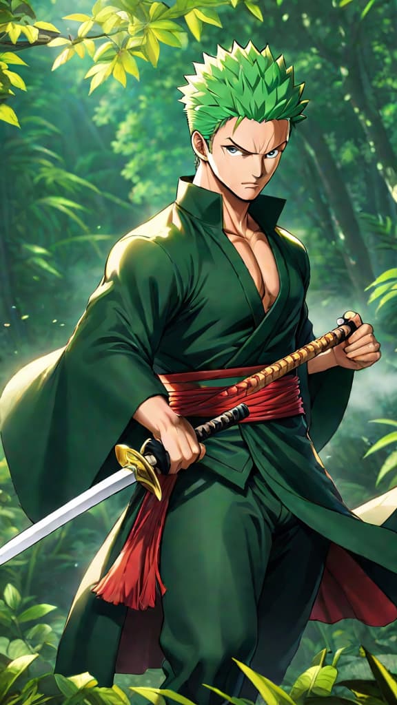  anime art: zoro uncovers a hidden connection to a legendary blade, driven by more than ambition. hyperrealistic, full body, detailed clothing, highly detailed, cinematic lighting, stunningly beautiful, intricate, sharp focus, f/1. 8, 85mm, (centered image composition), (professionally color graded), ((bright soft diffused light)), volumetric fog, trending on instagram, trending on tumblr, HDR 4K, 8K