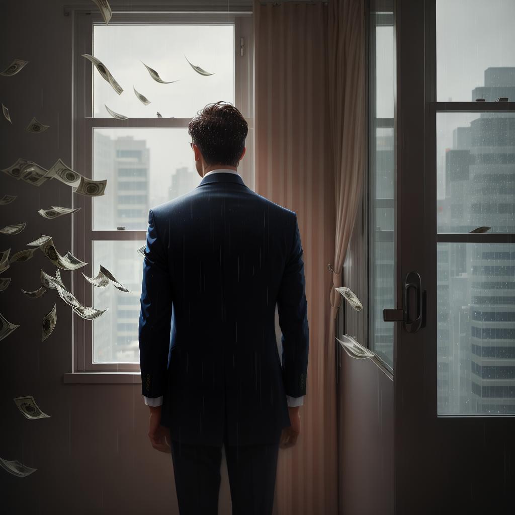 a men standing in front of window and alot of cash/money falling behind him like rain.