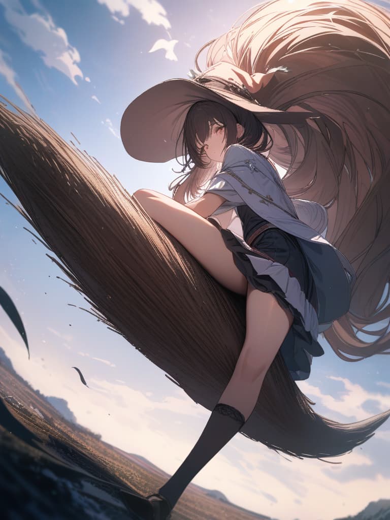  flying in the sky, riding in a broom, sitting on a broom, witch, holding a hat, a girl, sitting on a broom, on the broom, fluttering, holding down the hat, masterpiece, best quality,8k,ultra detailed,high resolution,an extremely delicate and beautiful,hyper detail