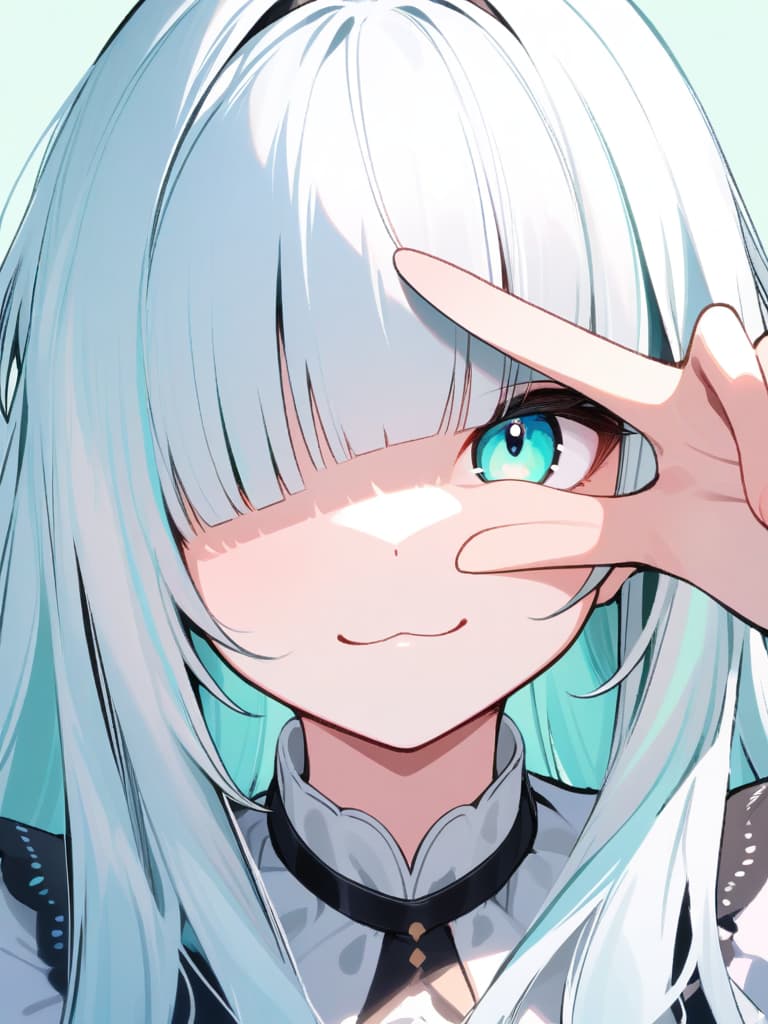  ultra detailed:1.2,masterpiece:1.2,best quality,masterpiece,bestquality,hdr:1.1,8k:1.1,very cute girl:1.3,(peace sign hand to over eye:1.7),(fingers between eye:1.3),grin smile,(close mouth,:3:1.2),(frill sundressy:1.4),upper body,(face focus:1.2),(bangs diagonal cut:1.2),(blunt bangs:1.6),((white long hair:1.7)),(light aqua background color:1.4),hair band:1.3,hair pin,forehead:1.3,(dutch angle:1.4)(aqua eyes:1.4)