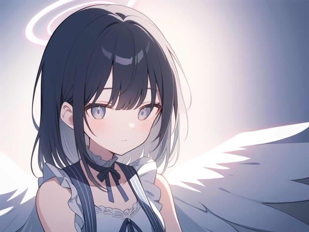  style: anime,delicate brushstrokes,soft colors,gentle shading,and thin outlines. emphasize detailed and expressive eyes. character: a girl with long,straight black hair and soft bangs,wearing an elegant white dress with frills and ribbons.features: angelic aura,with wings and a faint glowing halo above her head. mood: serene and slightlymelancholic expression,soft lighting for a peaceful atmosphere