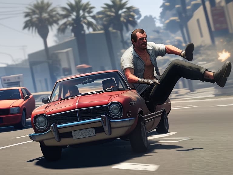  on the subject of gta5, one character rides in a car and the other falls out. background explosions