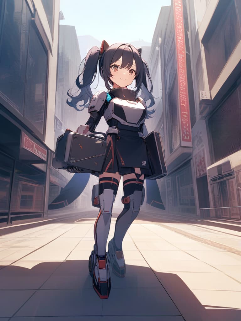  metal box type robot, toy type, girl robot, twin tail, cute smile, whole body, city ground,