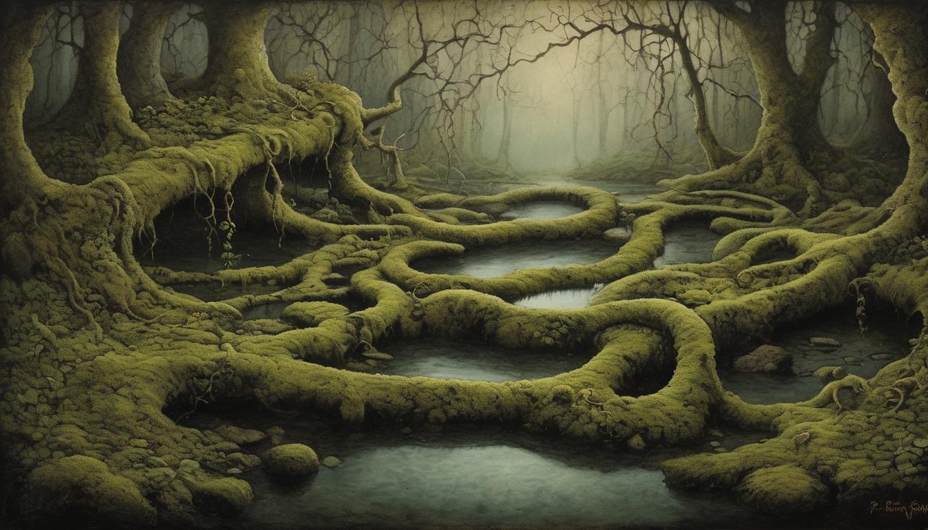  on parchment, surrealism++, entangled vines wrapping around a stagnant pool, moss covered rocks, dark woodland setting, air of neglect and inertia(mysterious, provocative, symbolic)++