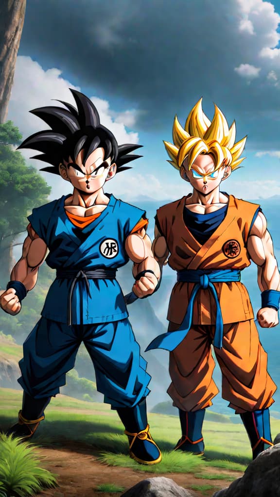  anime art: goten and trunks team up against buu, showcasing agility and teamwork in a fierce battle. hyperrealistic, full body, detailed clothing, highly detailed, cinematic lighting, stunningly beautiful, intricate, sharp focus, f/1. 8, 85mm, (centered image composition), (professionally color graded), ((bright soft diffused light)), volumetric fog, trending on instagram, trending on tumblr, HDR 4K, 8K