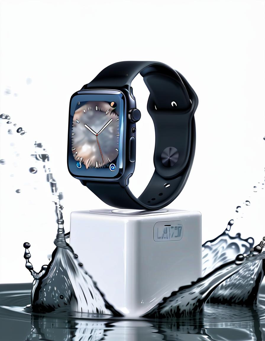  smart watch on a white stand for demonstration, around a splash of water, white background, reflection of the clock in water, film photography style