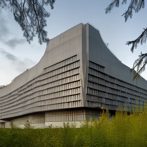 dvarchmodern a grey building of a soviet technical science research institution in the brutalism style of the 70s 80s, with dim lights in just a few windows, in a late evening summer forest with tall trees, photorealistic style