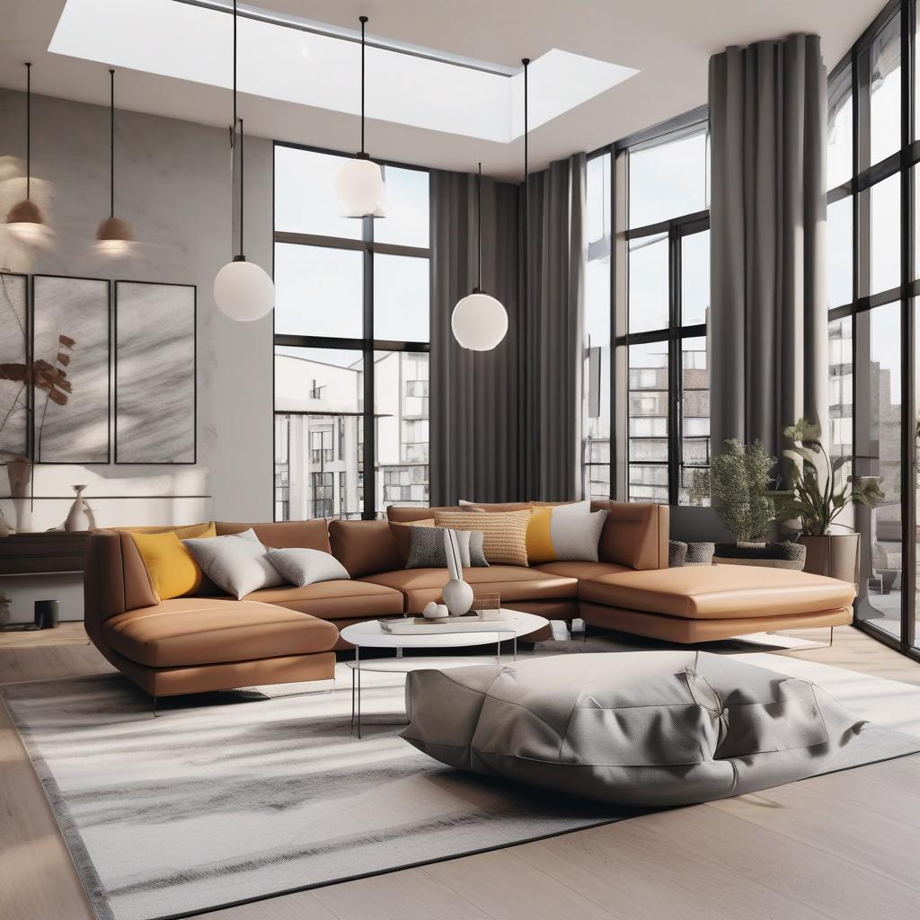  masterpiece, best quality, Best Quality, Masterpiece, 8k resolution,high resolution concept art of an apartment living room with floor to ceiling windows and modern furniture