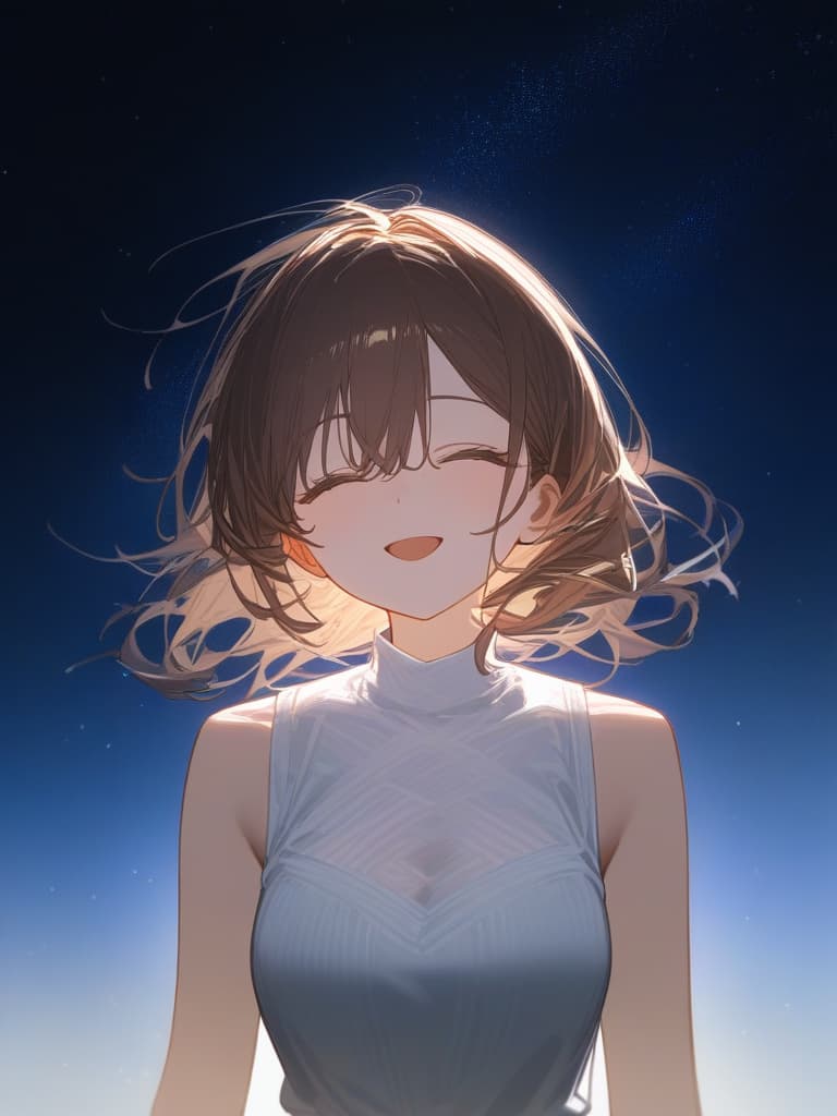  a girl who is laughing at me, bright brown hair, long hair, transparent fleeting, facing here, laughing, under the starry sky, facing here, i am looking at me, wearing a white cardigan over the black sleeveless dress, above the chest, masterpiece, best quality,8k,ultra detailed,high resolution,an extremely delicate and beautiful,hyper detail