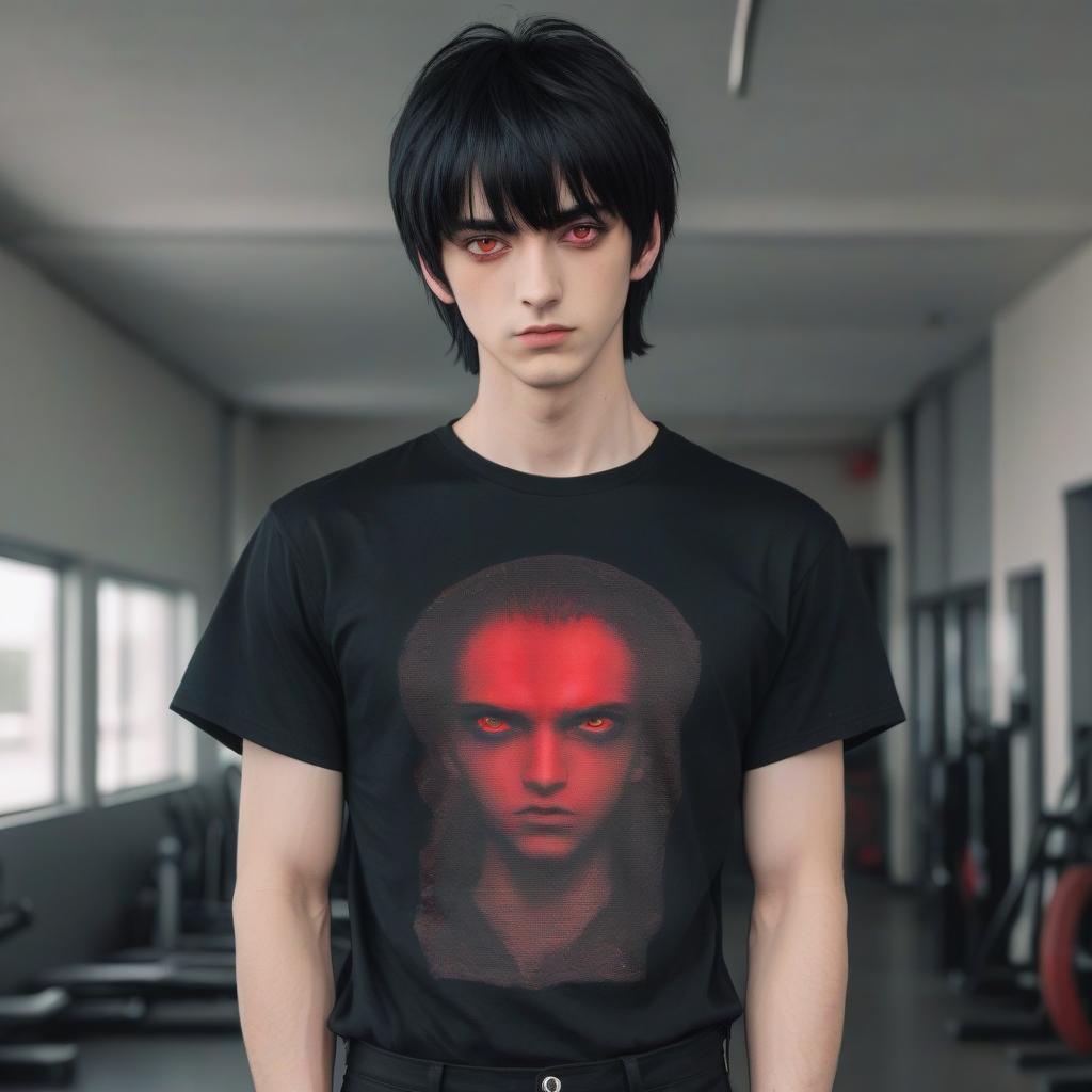  the guy with the bangs back, black hair, red eyes, wearing black pants and a black t shirt