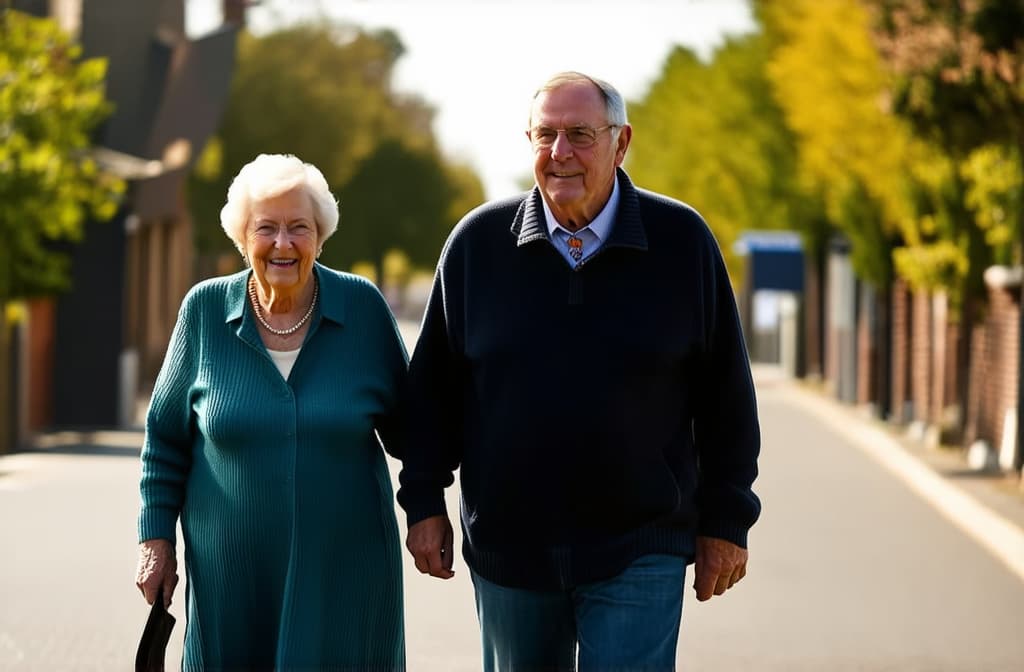  grandma and grandpa walking down the street, sunny day ar 3:2, (natural skin texture), highly detailed face, depth of field, hyperrealism, soft light, muted colors