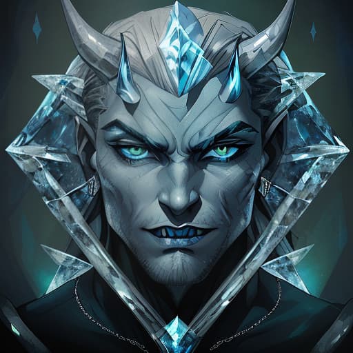  diamond devil, portrait. dark green eyes, man. hair gray. with fangs and horns. colors blue, blue, silver