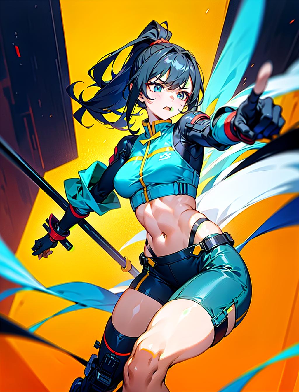  tangxin, from the chinese anime "nanocore," has a sleek and athletic appearance that reflects her action oriented role. she has long, black hair, often tied into a high ponytail, which emphasizes her sharp and confident demeanor. her outfit consists of a white and blue cropped jacket, leaving her midriff exposed, paired with form fitting, futuristic shorts that highlight her agile and combat ready physique. tangxin wears high tech black and blue boots and protective gear, including knee pads and armored gauntlets, giving her a tactical and futuristic vibe. she also carries weaponry on her, suggesting that she is proficient in combat and always prepared for action. her confident stance and serious expression indicate her strong and determine