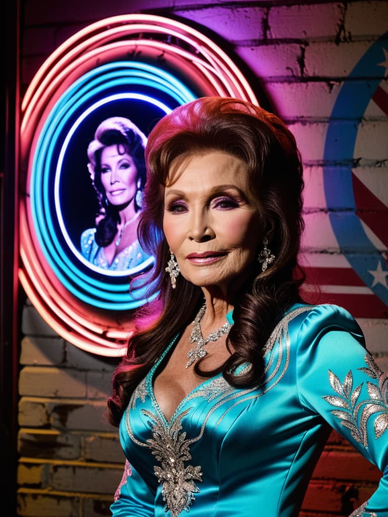  The young country singer Loretta Lynn, medium shot, upper body, spotlight, long exposure lighting, street art style spray paint, glamour lighting