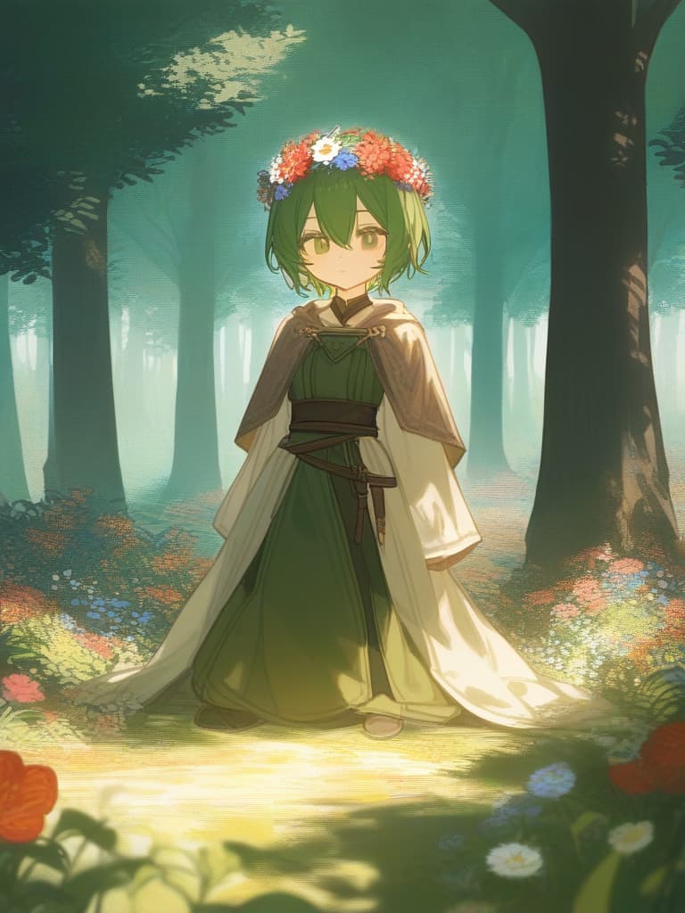  medieval,genderless,green hair,forest,short hair,flower crown,small eyesmedieval,genderless,green hair,forest,short hair,flower crown,small eyes,beautiful,highest quality,rafflesia,short hair