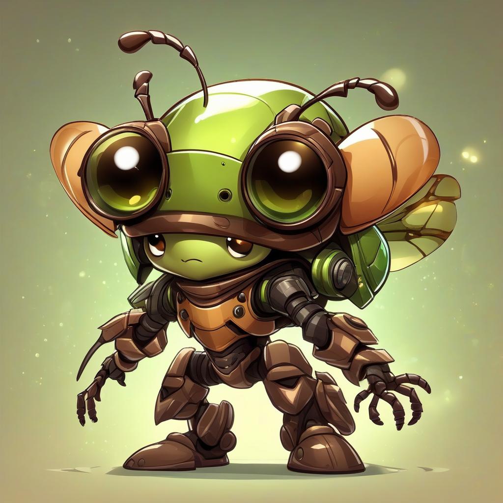  cute cartoon insect beetle character with a green body, big expressive eyes and a smile on his lips. on his head he has a huge brown helmet with goggles, giving him an adventurous look. the insect beetle stands confidently holding a blaster, he has graceful wings and long tendrils. the background is simple and bright inside the starship to emphasize the charm of the funny character with the weapon.