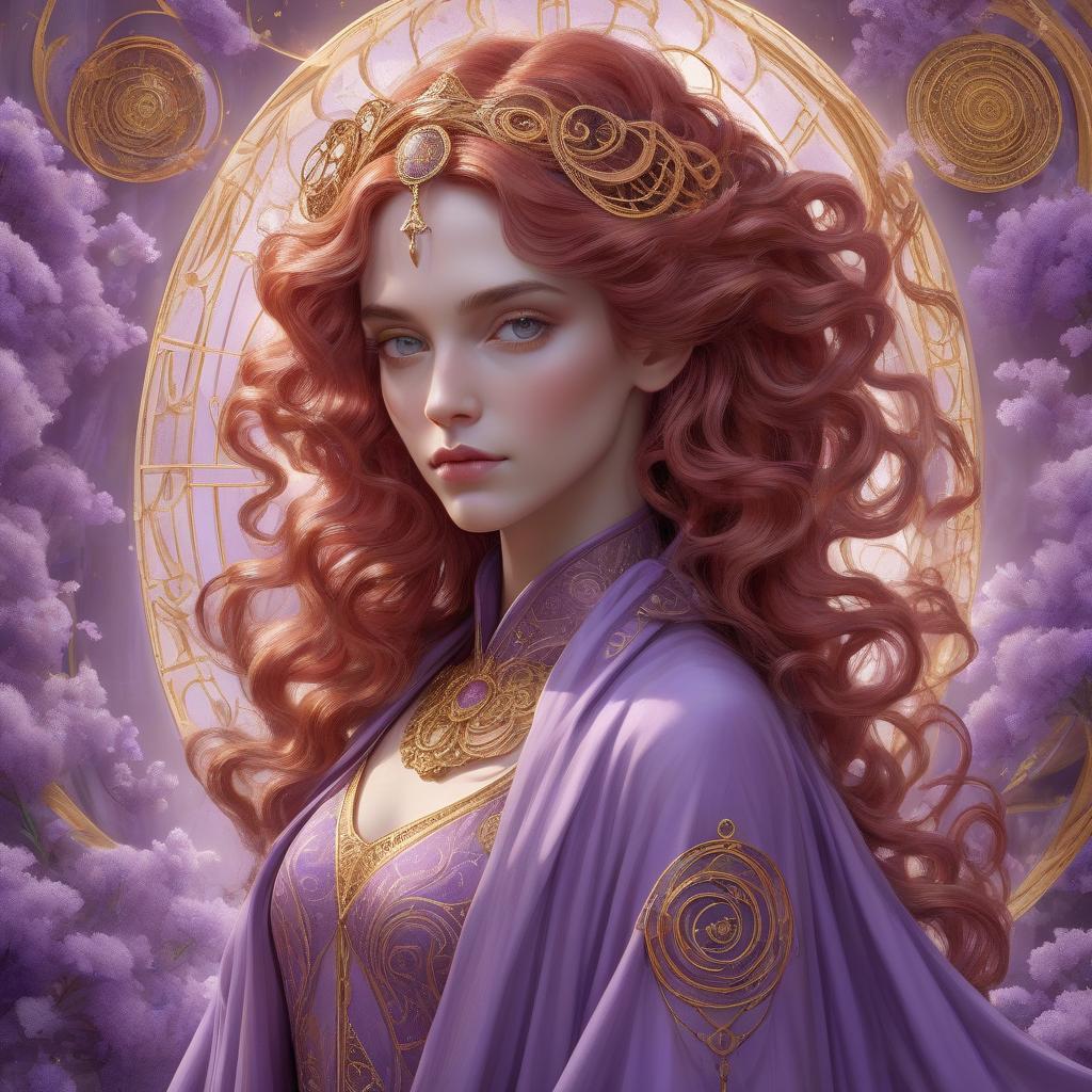  a sorceress of time, long crimson pre raphaelite style hair with curls forming fibonacci spirals, robed in a lavender gown that flows like liquid gold, intricate and luxurious, a vision of beauty that defies the ages. opalescent, pearlescent, prismatic, luminescent, zentangle, filigree, molten gold, masterpiece museum quality, by josephine y this portrait combines the mystique of ancient deities with the grace of modern aesthetics, inviting the viewer into a world where magic reigns supreme. chaos 40 ar 3:4 stylize 800, trending on artstation, sharp focus, studio photo, intricate details, highly detailed, by greg rutkowski