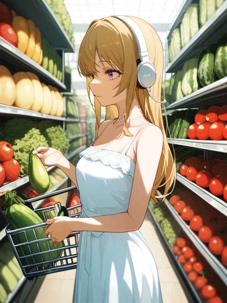  with tomatoes, blond ponytails, white headphones, heart tattoo on their arms, girls wearing white dress dresses, shopping carts, shopping carts, gestures, shopping cart containing eggplant and celery, the upper arm. tattoo, tattoo on a spider web on the neck, headphones, masterpiece, best quality,8k,ultra detailed,high resolution,an extremely delicate and beautiful,hyper detail