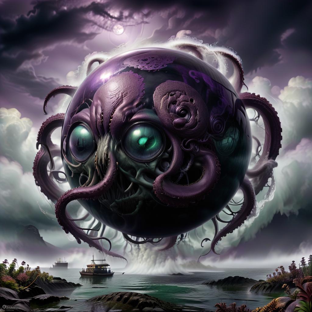  lovecraftian horror sphere with dark purple swirling fog inside, black emptiness core, giant monster squid outside the sphere in the background, water surface, dense fog, lots of smoke and steam . eldritch, cosmic horror, unknown, mysterious, surreal, highly detailed, civitai