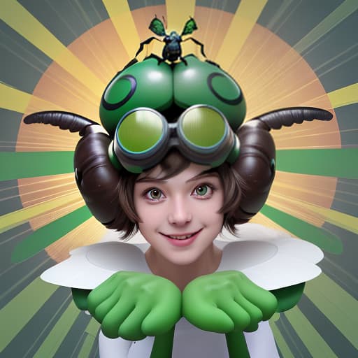  cute cartoon insect beetle character with a green body, big expressive eyes and a smile on his lips. on his head he has a huge brown helmet with goggles, giving him an adventurous look. the insect beetle stands confidently holding a blaster, he has graceful wings and long tendrils. the background is simple and bright inside the starship to emphasize the charm of the funny character with the weapon.