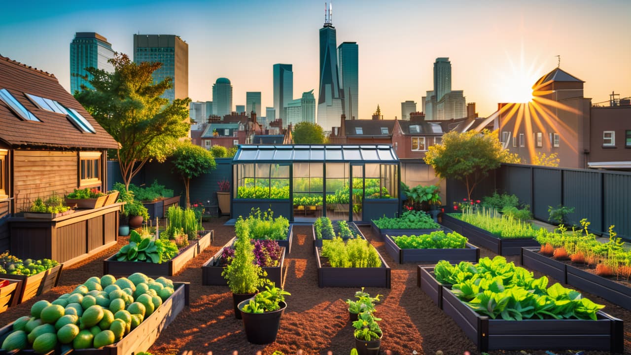  a vibrant urban garden showcasing a variety of vegetables, fruits, and herbs, with raised beds, chickens, a compost area, and a small greenhouse, all set against a backdrop of city buildings and a clear blue sky. hyperrealistic, full body, detailed clothing, highly detailed, cinematic lighting, stunningly beautiful, intricate, sharp focus, f/1. 8, 85mm, (centered image composition), (professionally color graded), ((bright soft diffused light)), volumetric fog, trending on instagram, trending on tumblr, HDR 4K, 8K