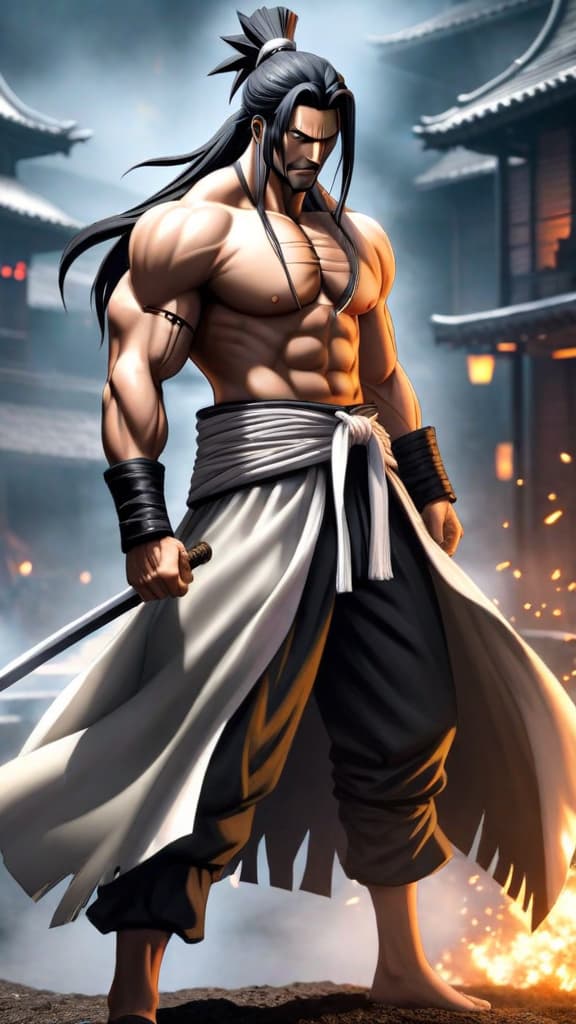  anime art: kenpachi zaraki contemplating the balance between holding back in battle and his true power. hyperrealistic, full body, detailed clothing, highly detailed, cinematic lighting, stunningly beautiful, intricate, sharp focus, f/1. 8, 85mm, (centered image composition), (professionally color graded), ((bright soft diffused light)), volumetric fog, trending on instagram, trending on tumblr, HDR 4K, 8K