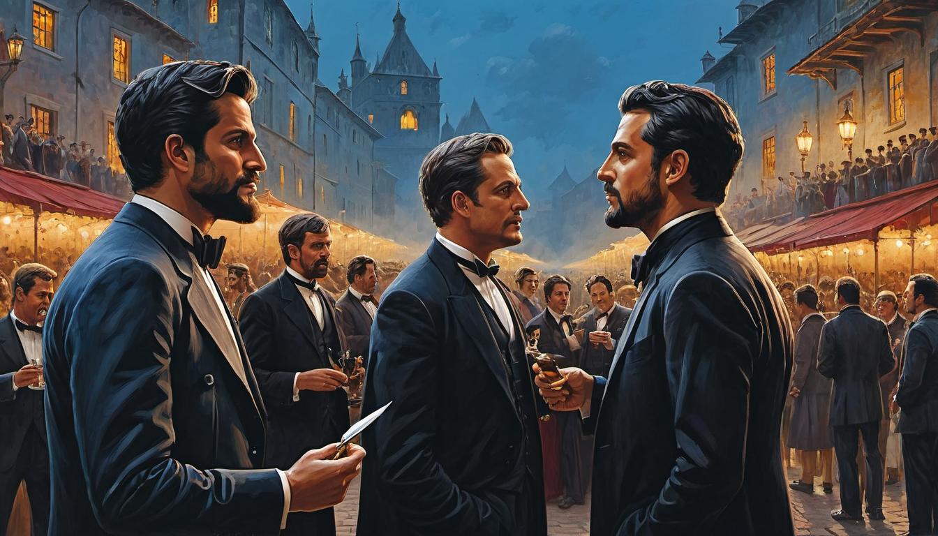  （surrealism)a bustling social event, one figure subtly pointing out their achievements, another figure in the background observing with a competitive glance, background lively with chatter, subtle rivalry, social dynamics mystic, intricate details, best quality)