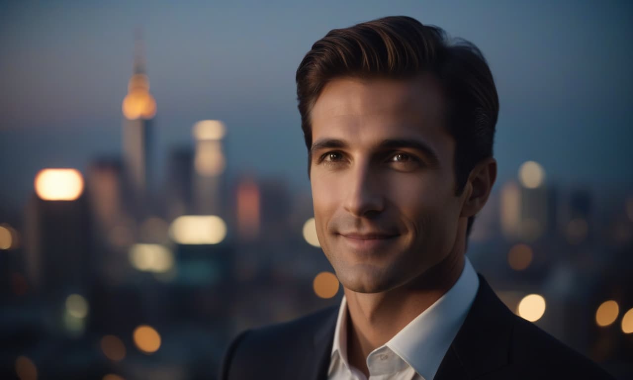  cinematic film still sunrise in the background, a piece of sun is visible, in the foreground on the side of the right, a man in a suit looks at the camera, the face is illuminated by a spotlight in the front, slightly smiles, a close up face, photorealism, in the background the city's silhouette is far away in a blurred focus, colored blurred lights of ads in the metropolis in the background, slightly dark. . shallow depth of field, vignette, highly detailed, high budget, bokeh, cinemascope, moody, epic, gorgeous, film grain, grainy