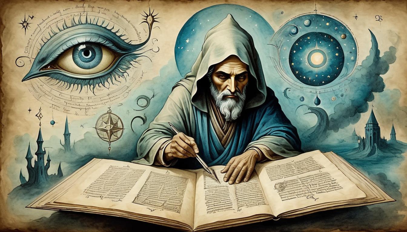  on parchment, surrealism+++, a mystic figure, eyes reflecting divine visions, holding a sacred text, with a serene cosmic background, insightful, harmonious(mysterious, provocative, symbolic,muted color)+++