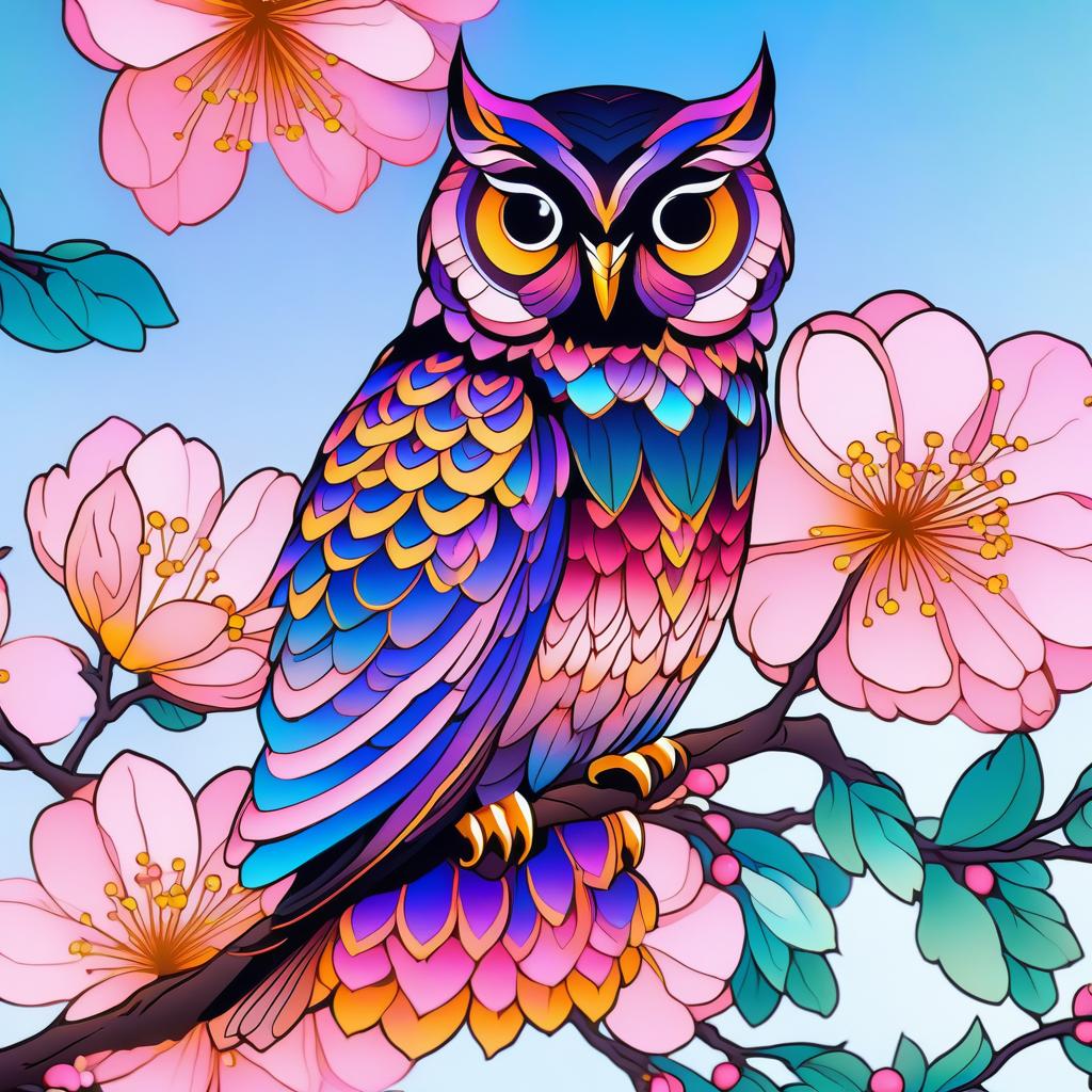  gothic style ((an owl sits surrounded by large cherry blossoms)) . (colours):pink, white pink, gold, green, light green, dark green, blue, dark purple, black. (style):fantasy, fairy tale, cartoon, gothic, tranquility, wisdom, mystery, mystery. . dark, mysterious, haunting, dramatic, ornate, detailed, civitai, hkmagic hyperrealistic, full body, detailed clothing, highly detailed, cinematic lighting, stunningly beautiful, intricate, sharp focus, f/1. 8, 85mm, (centered image composition), (professionally color graded), ((bright soft diffused light)), volumetric fog, trending on instagram, trending on tumblr, HDR 4K, 8K