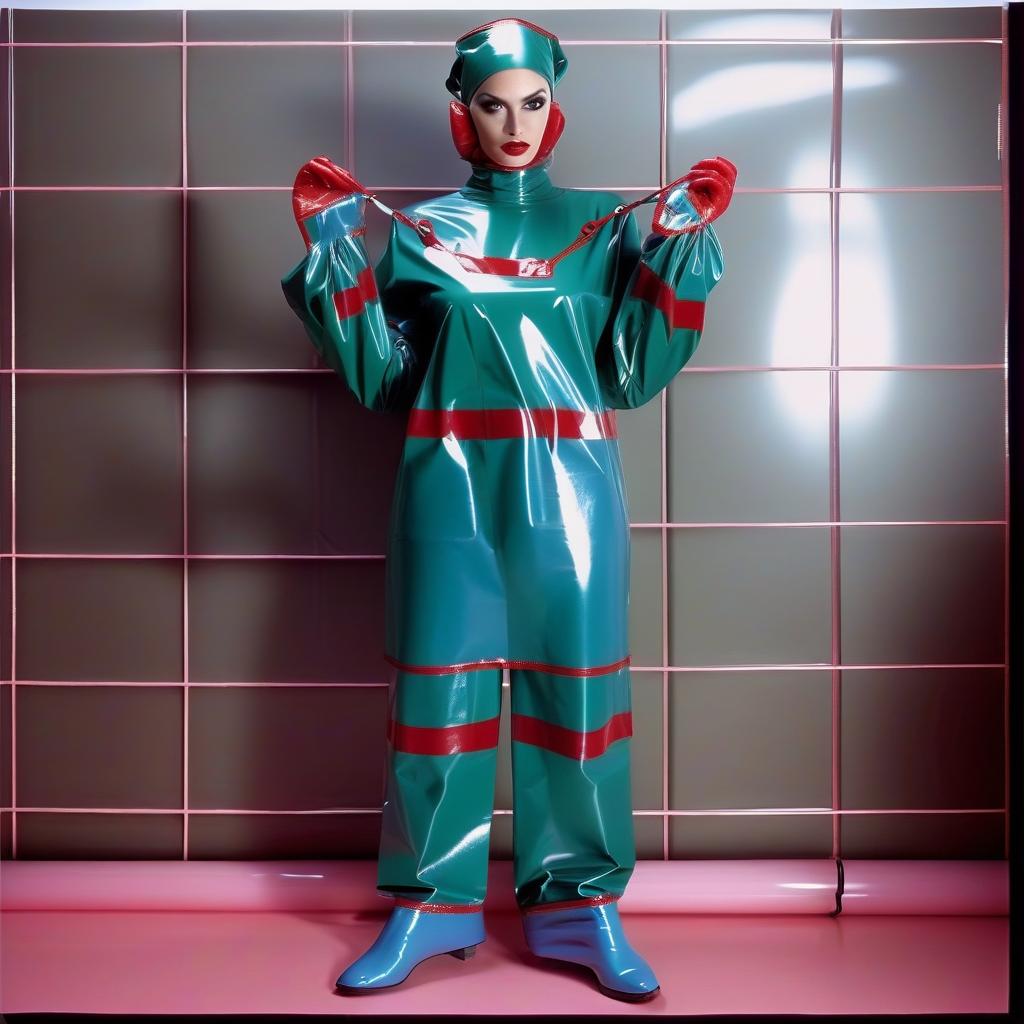  "hyperdetalisation, woman, mistress surgeon, in dressed three color surgical suit, made of glossy latex, standing alone, full length, front view, full face, dressed in, surgical gown, knee length, with elastic waistband, long sleeves, with elastic cuffs, upper part of surgical gown, (from collar to waist), glossy latex dark green, belt at waist, glossy latex red, lower part of surgical gown, (from hem to waist), glossy latex dark blue, in the center of the surgical gown there is an emblem in the form of surgical forceps "burdizzo", upper part of sleeve, (from shoulder to elbow), glossy latex dark blue, lower part of sleeve, (from elbow to cuff), glossy latex dark green, cuffs on sleeve, glossy latex red, (bib with collar), made of glossy d