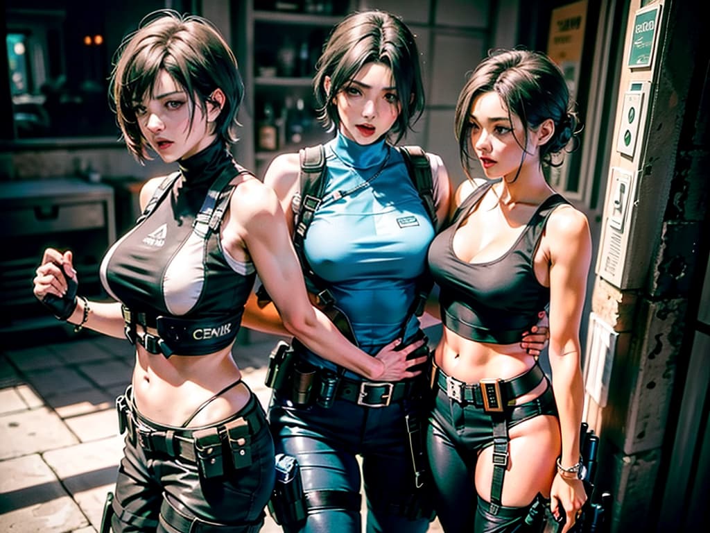  1girl, 2 old, young, beautiful buxom ravishing girl as jill valentine, age, (((fitted blue tank top with black pants))), ((black tactical vest and utility belt)), gloves, medium length short black hair flipped to left side, (((resident evil))), outdoor, smiling, 8k, uhd, hdr