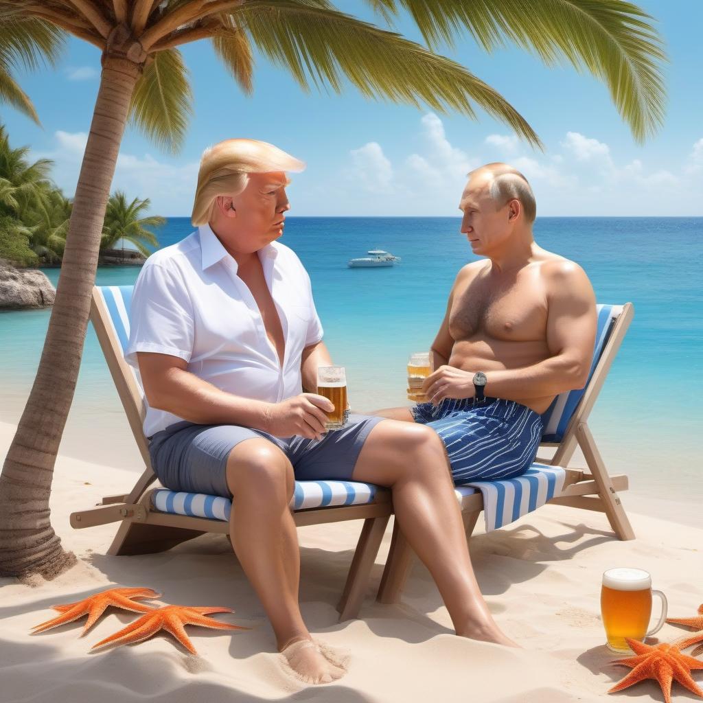  Donald Trump and Vladimir Putin on vacation by the sea, on sun beds, in shirts and shorts , a mug of beer in hand, sand , crabs , shells , starfish , palm trees, very beautiful nature, high detail, quality 50000K