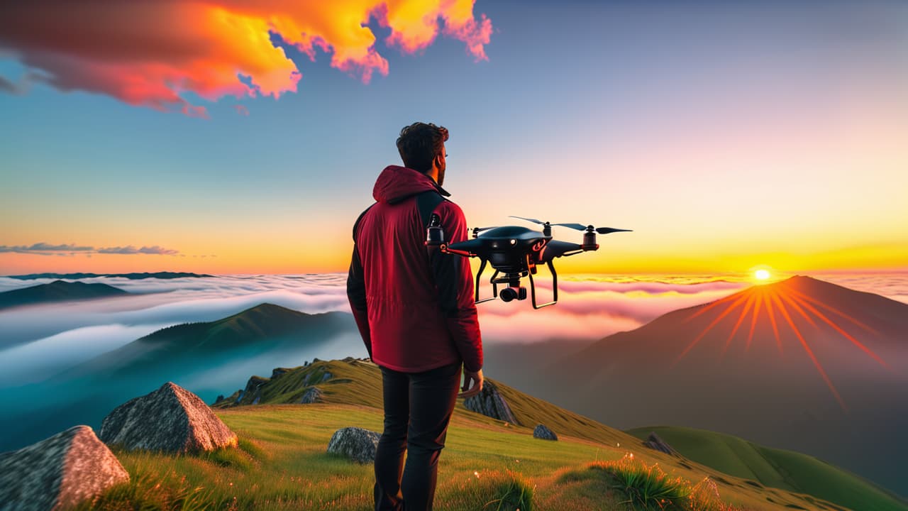  a breathtaking aerial landscape showcasing a vibrant sunset over mountains, with a drone hovering above, capturing the scene. below, a photographer with a camera, gazing up, contemplating the beauty and potential of drone photography. hyperrealistic, full body, detailed clothing, highly detailed, cinematic lighting, stunningly beautiful, intricate, sharp focus, f/1. 8, 85mm, (centered image composition), (professionally color graded), ((bright soft diffused light)), volumetric fog, trending on instagram, trending on tumblr, HDR 4K, 8K