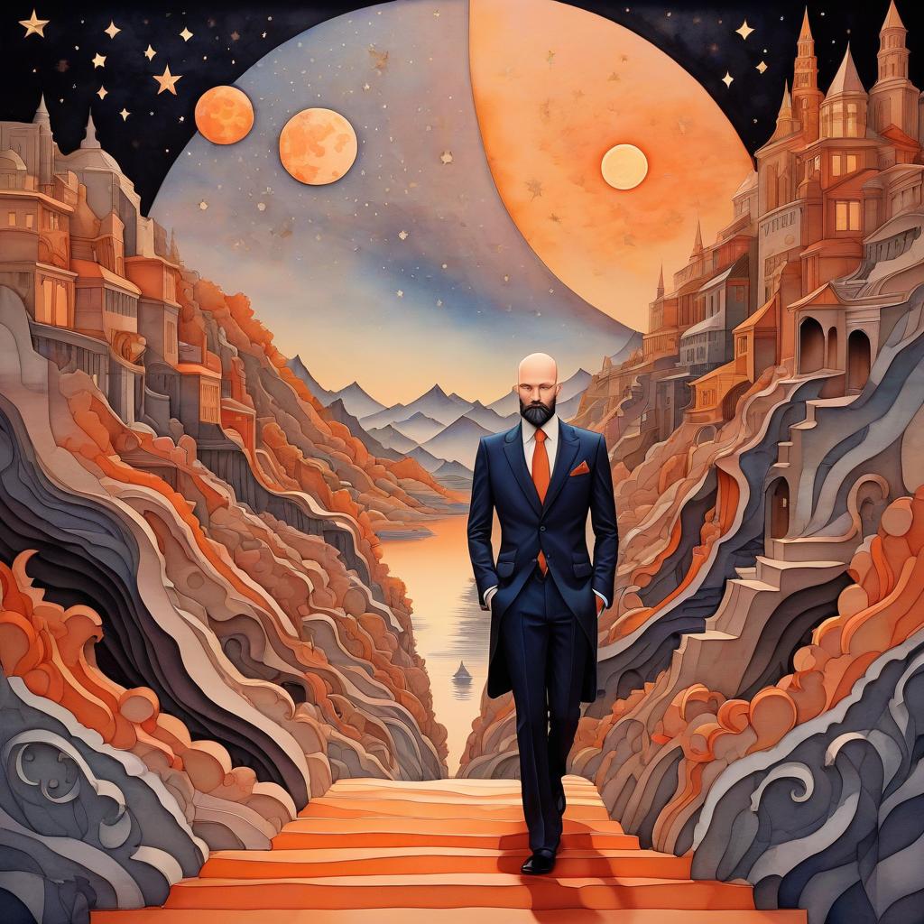  stacked papercut art of neoclassical jelteman with neofuturistic beard and bald hairdo, expensive chic suit smoothly transitions from late sunset through night to early morning, suit has many complex patterns with stars, jelteman carefully descends stone steps to a wonderful stream, orange with redness sky with stars, (watercolor:1.3) . 3d, layered, dimensional, depth, precision cut, stacked layers, papercut, high contrast