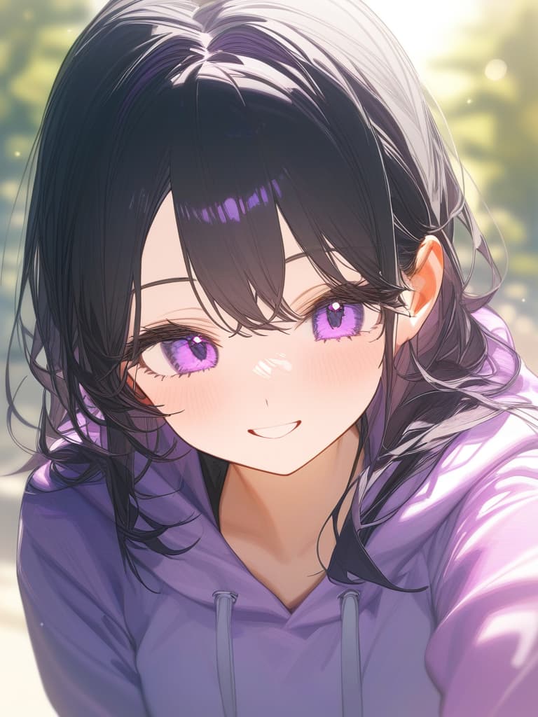  purple eyes, pink mesh, smile, hoodie, black hair long, masterpiece, best quality,8k,ultra detailed,high resolution,an extremely delicate and beautiful,hyper detail