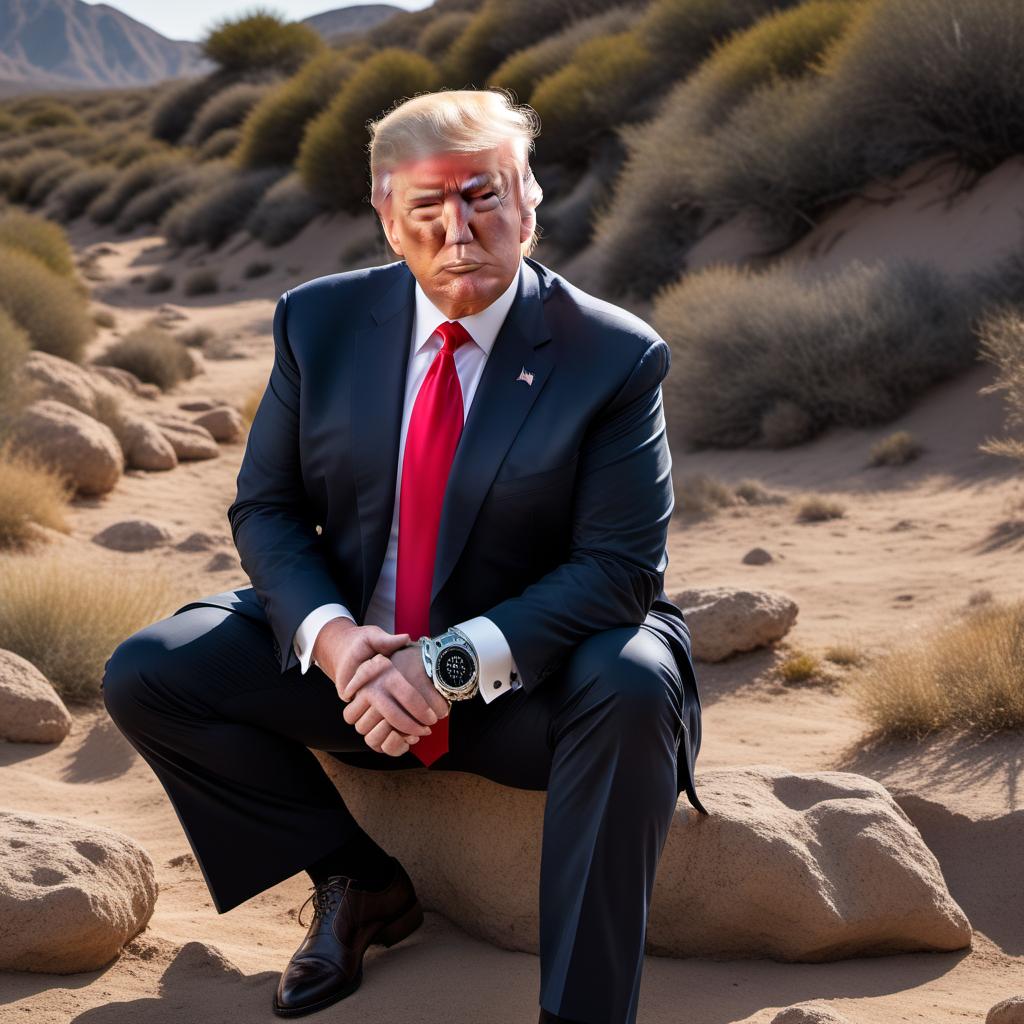  A picture of Donald Trump wearing handcuffs. He is dressed in a suit and looks slightly disheveled. The background is neutral to keep the focus on him, highlighting the expression on his face and the handcuffs on his wrists. hyperrealistic, full body, detailed clothing, highly detailed, cinematic lighting, stunningly beautiful, intricate, sharp focus, f/1. 8, 85mm, (centered image composition), (professionally color graded), ((bright soft diffused light)), volumetric fog, trending on instagram, trending on tumblr, HDR 4K, 8K