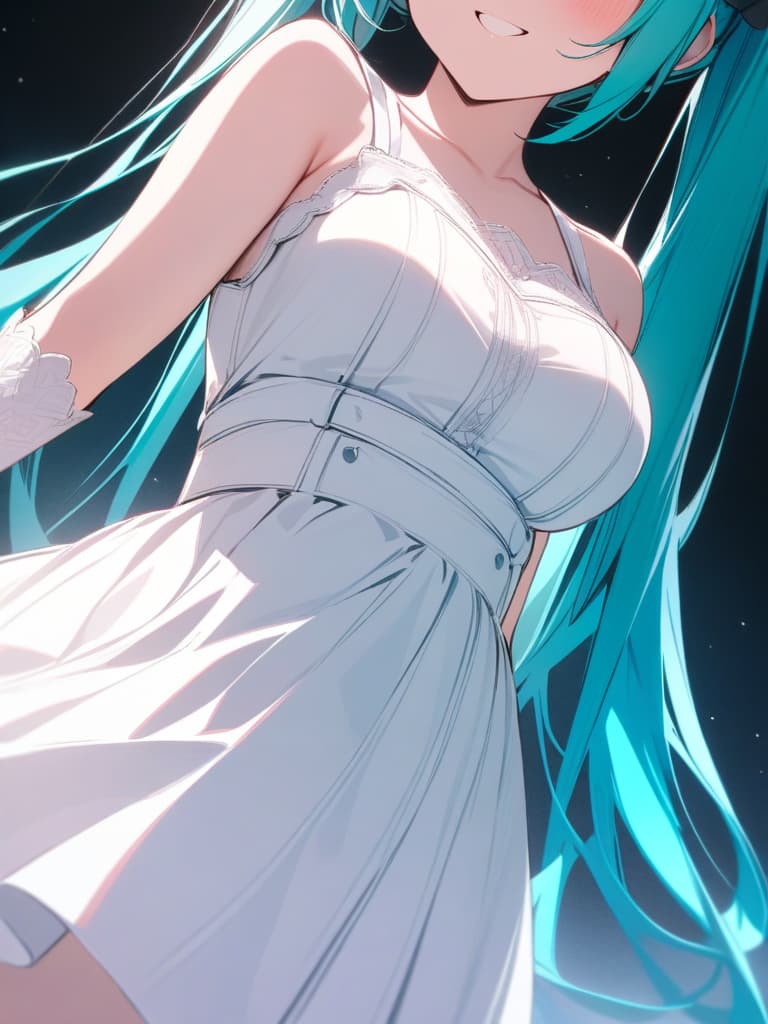  hatsune miku, white dress, cute, happybirthday, smile, masterpiece, best quality,8k,ultra detailed,high resolution,an extremely delicate and beautiful,hyper detail