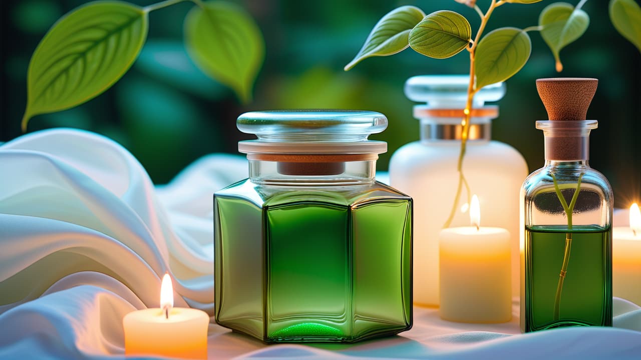  a lavish skincare display featuring elegant glass jars and bottles, surrounded by soft white silk, glistening pearls, and fresh green leaves, all softly illuminated by warm, ambient lighting to evoke luxury and indulgence. hyperrealistic, full body, detailed clothing, highly detailed, cinematic lighting, stunningly beautiful, intricate, sharp focus, f/1. 8, 85mm, (centered image composition), (professionally color graded), ((bright soft diffused light)), volumetric fog, trending on instagram, trending on tumblr, HDR 4K, 8K