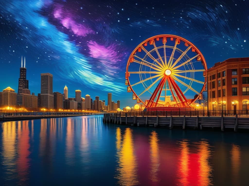  concept art chicago’s centennial ferris wheel, chicago’s navy pier, van gogh's starry starry night with colorful red and orange swirls in the beautiful night sky, chicago skyline with colorful van gogh swirls in the sky, hyper realistic, chicago skyline, mesmerizing, intricate details, flambient golden and red sunrise, dramatic lighting, epic composition, wide angle, cinematic, masterpiece, high resolution, sharp details, best quality, 4k, raw photo, van gogh influence, studio lighting, impressionist, bold colors, starry sky, architectural elements, medium format lens, high angle, cityscape, city life, metropolitan, van gogh's brushstrokes, van gogh's shadows, van gogh's colors, van gogh's textures, nighttime, city scene, streets, night